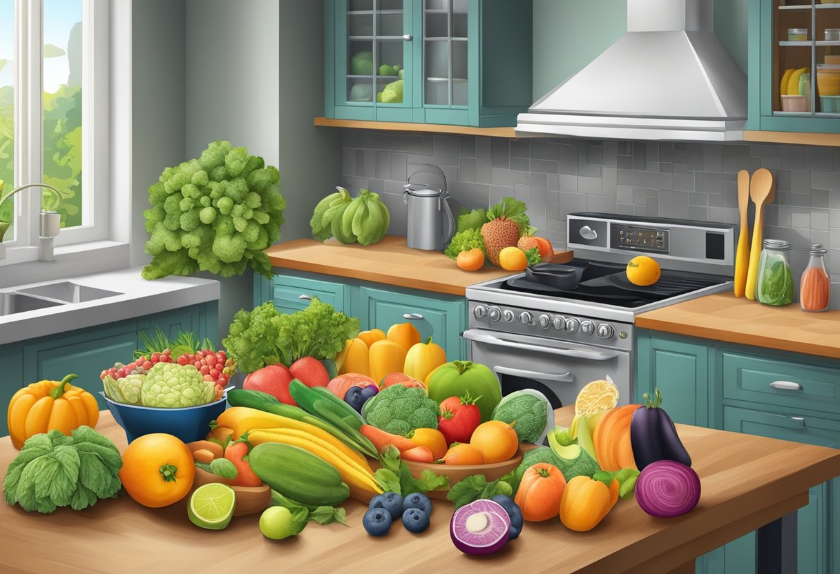 A kitchen table with a variety of colorful fruits and vegetables, surrounded by a calendar and grocery flyers