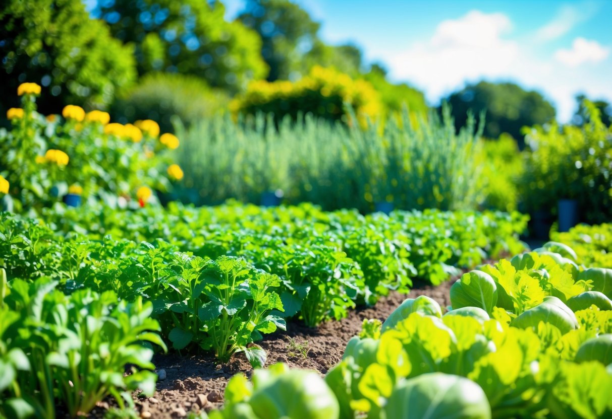 Lush garden with vibrant vegetables and herbs growing in neat rows, surrounded by sunshine and clear blue skies