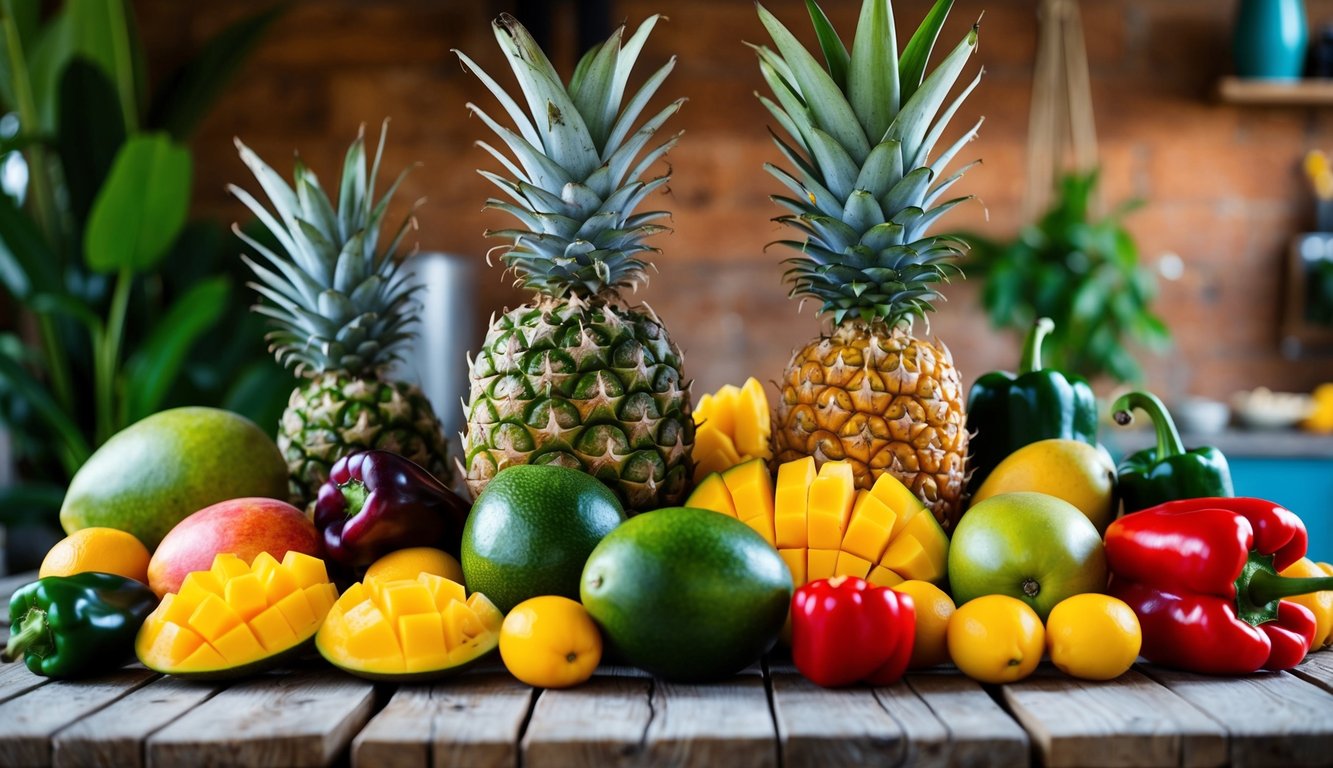 A vibrant array of tropical fruits and vegetables, including mangoes, pineapples, and peppers, laid out on a rustic wooden table