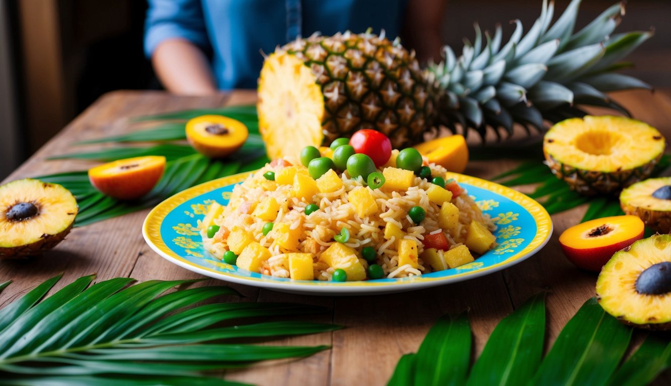 A colorful plate of pineapple fried rice surrounded by tropical fruits and palm leaves on a wooden table