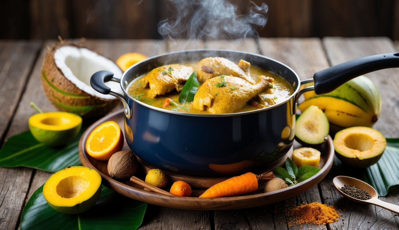 A steaming pot of coconut curry chicken surrounded by tropical fruits and spices on a rustic wooden table