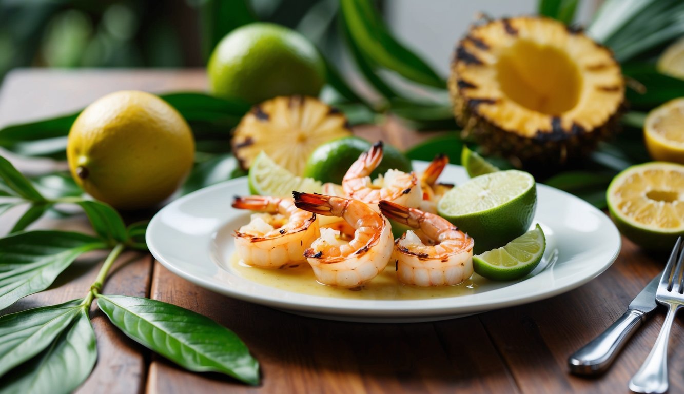 A plate of grilled shrimp with lime surrounded by tropical fruits and foliage on a wooden table