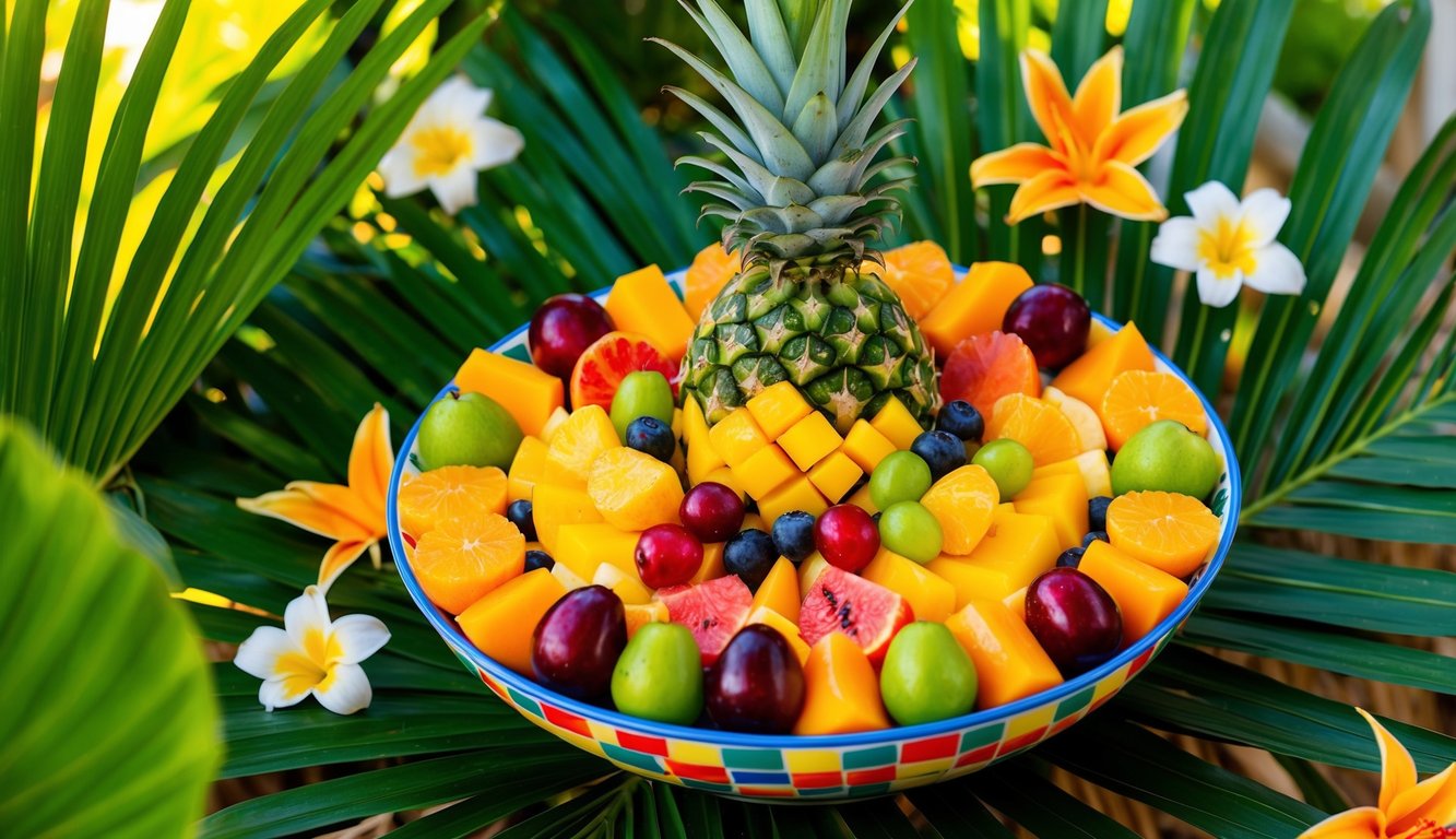 A vibrant array of tropical fruits arranged in a colorful salad bowl, surrounded by lush green palm leaves and exotic flowers