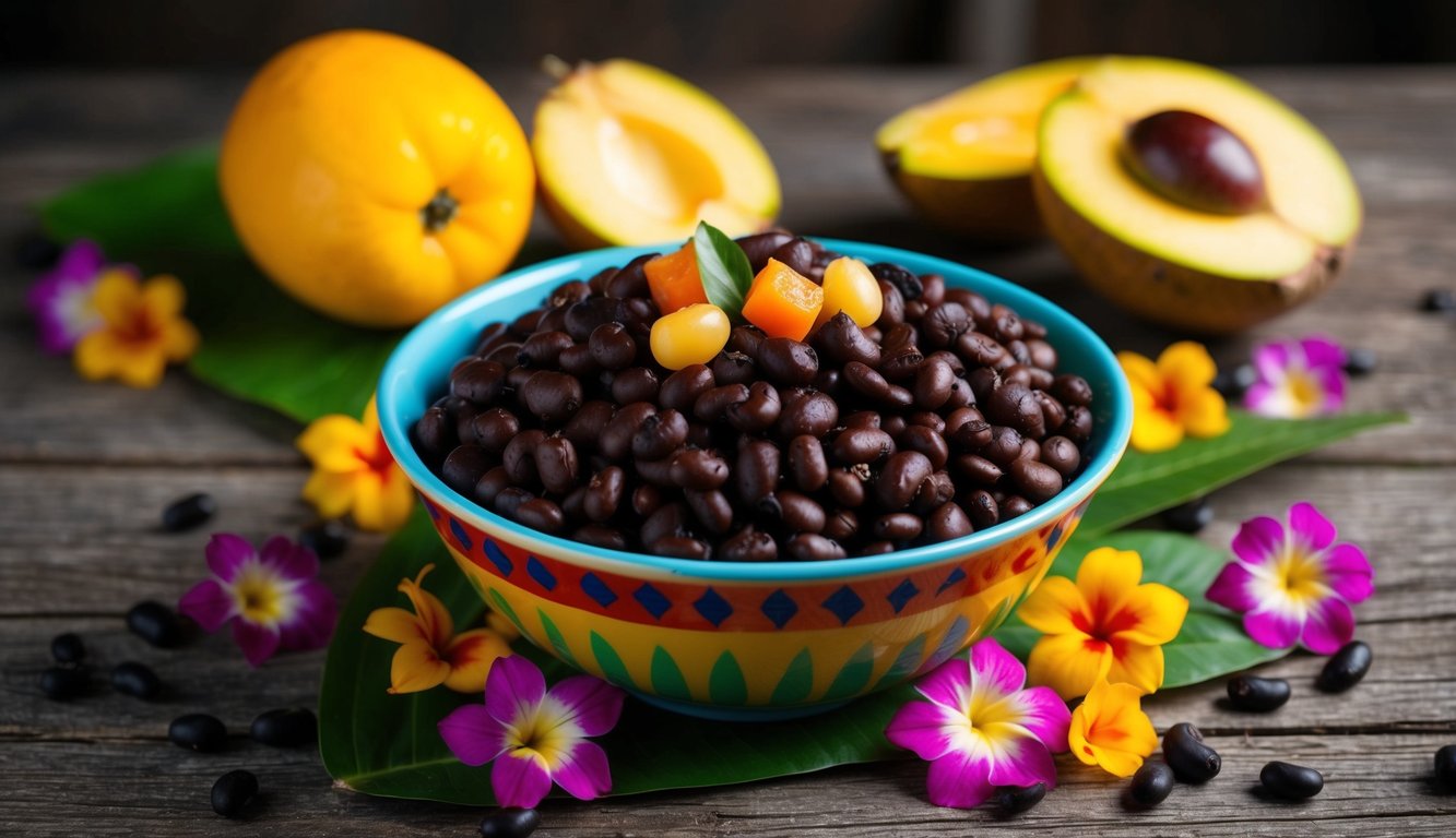 A colorful bowl of island-style black beans surrounded by tropical fruits and flowers on a rustic wooden table