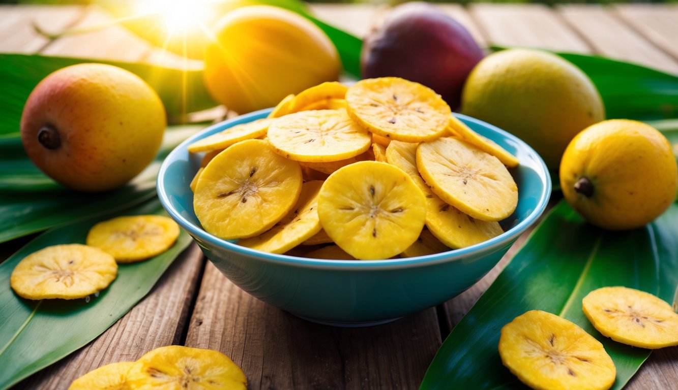 A bowl of plantain chips surrounded by tropical fruits and leaves on a wooden table. Sunshine illuminates the vibrant colors