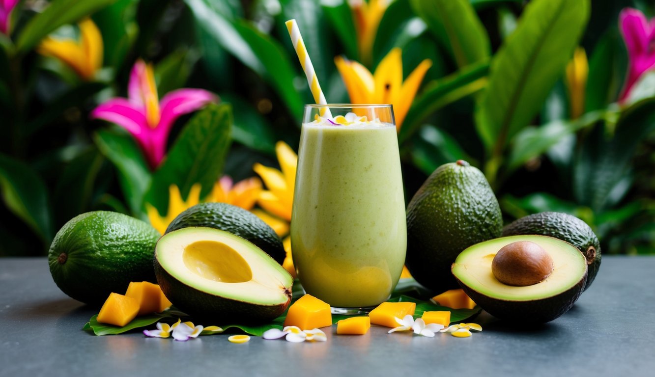 A colorful tropical smoothie surrounded by fresh avocados and mangoes, with a backdrop of lush green foliage and vibrant flowers