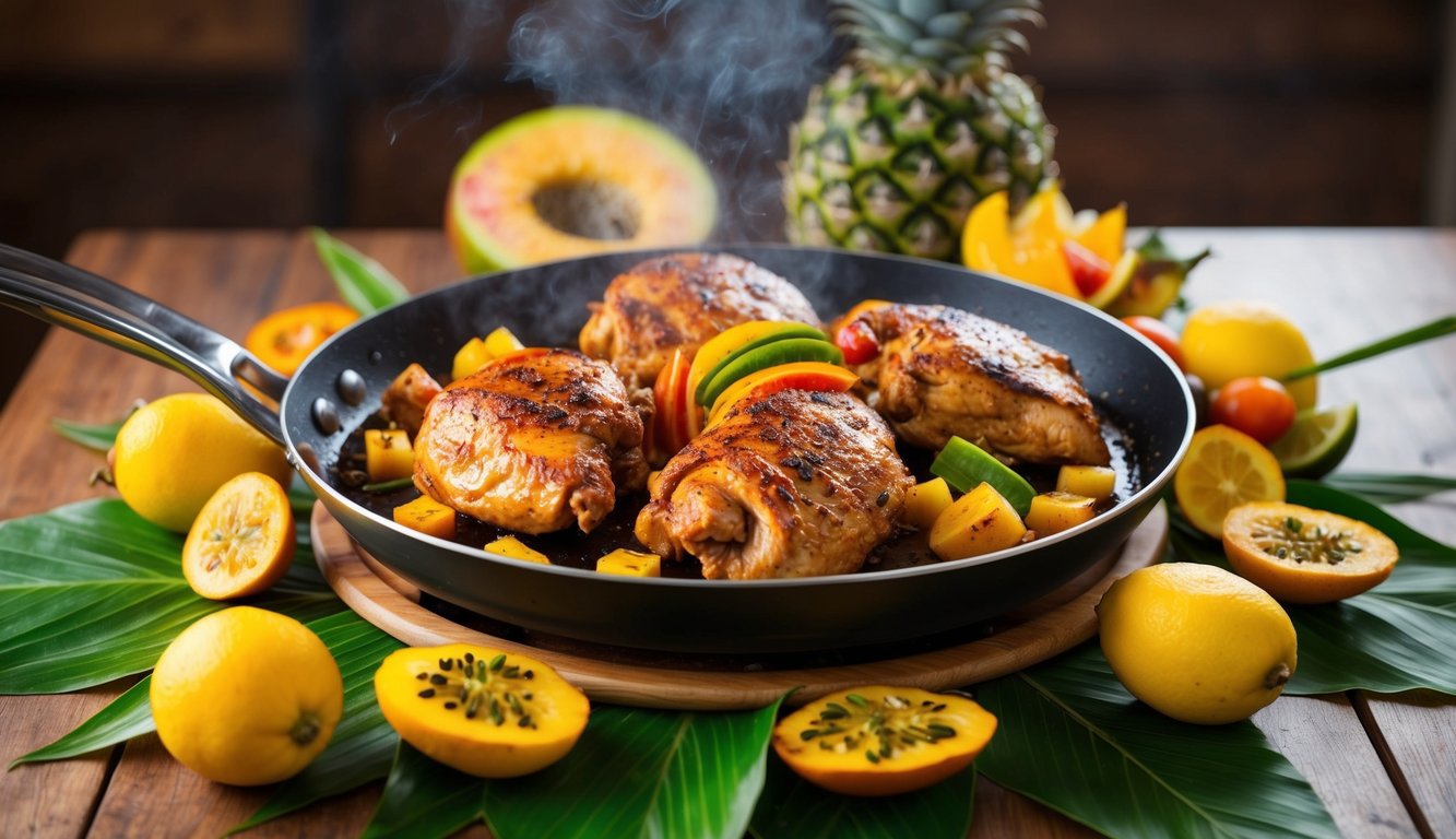 A sizzling Caribbean jerk chicken dish surrounded by vibrant tropical fruits and spices on a wooden table