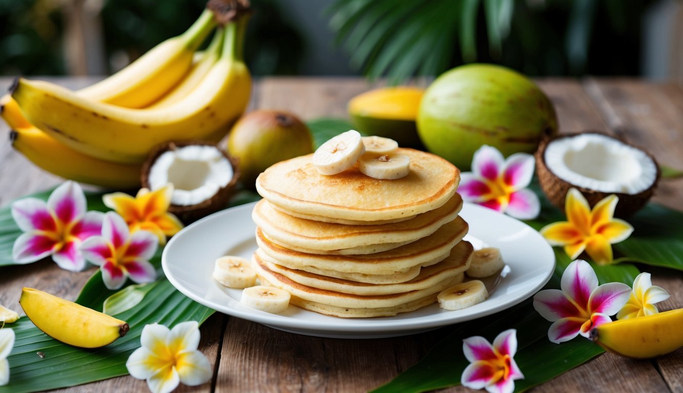 A plate of golden banana coconut pancakes surrounded by tropical fruits and flowers on a wooden table