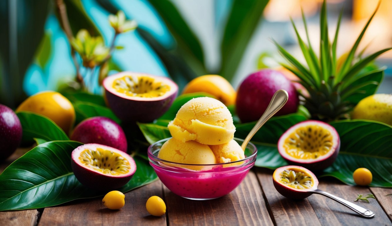 A vibrant bowl of passion fruit sorbet surrounded by tropical fruits and foliage on a wooden table