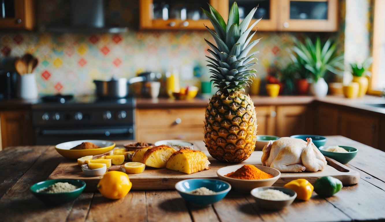 A colorful tropical scene with a pineapple, chicken, and various spices laid out on a rustic kitchen table