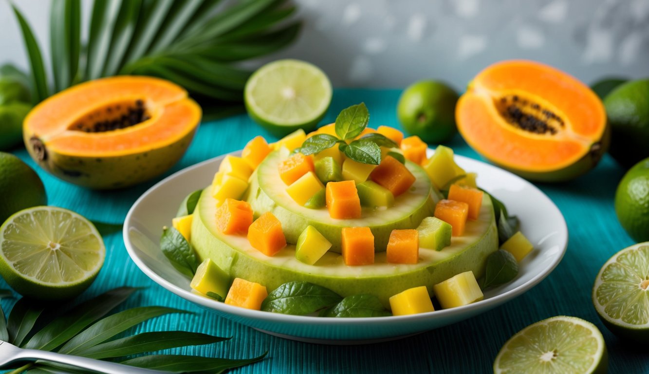 A vibrant papaya lime salad surrounded by tropical fruits and vibrant foliage on a budget-friendly table setting
