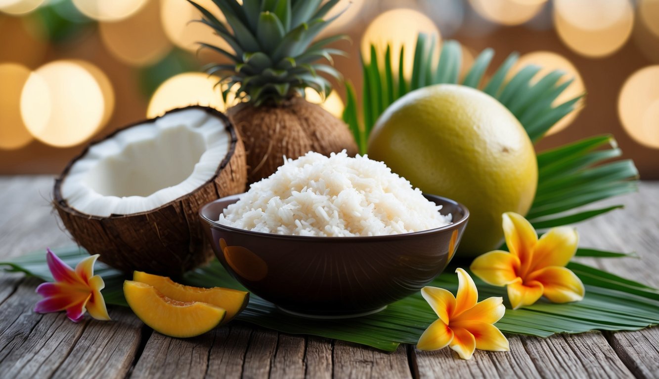 A bowl of coconut rice surrounded by tropical fruits and flowers on a wooden table