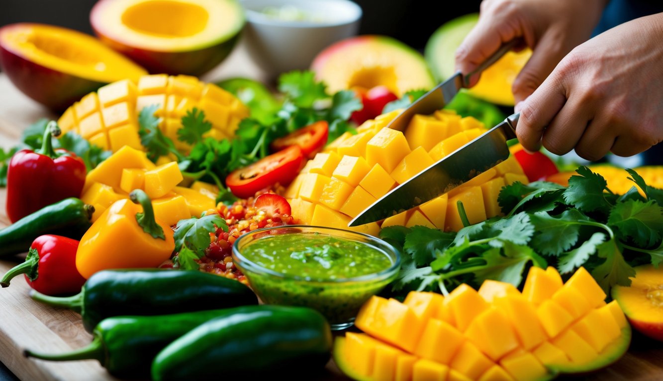 A colorful array of tropical fruits and vegetables, including ripe mangoes, spicy peppers, and vibrant cilantro, are being chopped and mixed together to create a zesty mango salsa