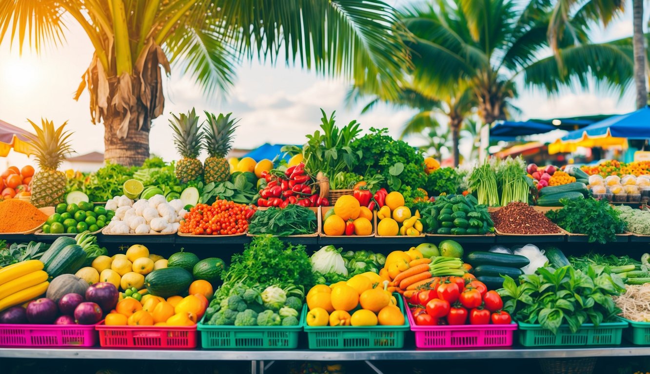 A vibrant tropical market stall overflowing with fresh fruits, vegetables, herbs, and spices, surrounded by palm trees and colorful flowers