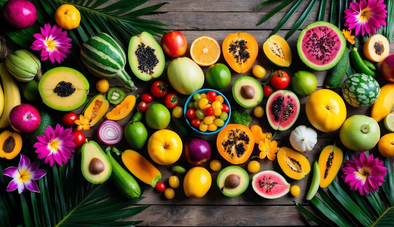 A colorful array of tropical fruits and vegetables spread out on a rustic wooden table, surrounded by vibrant flowers and palm leaves
