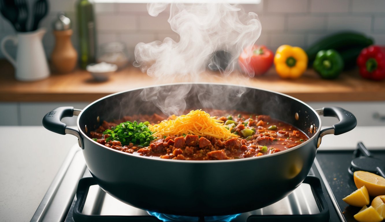 A colorful array of ingredients being chopped, stirred, and simmered in a large pot on a stovetop, steam rising as the aroma of chili con carne fills the kitchen