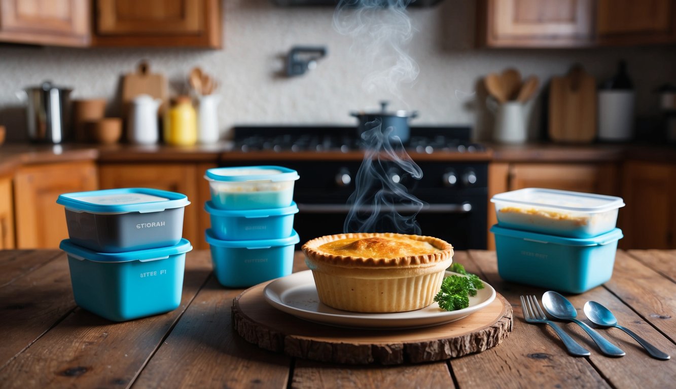 A cozy kitchen with a steaming chicken pot pie on a rustic wooden table, surrounded by various freezer-friendly meal prep containers