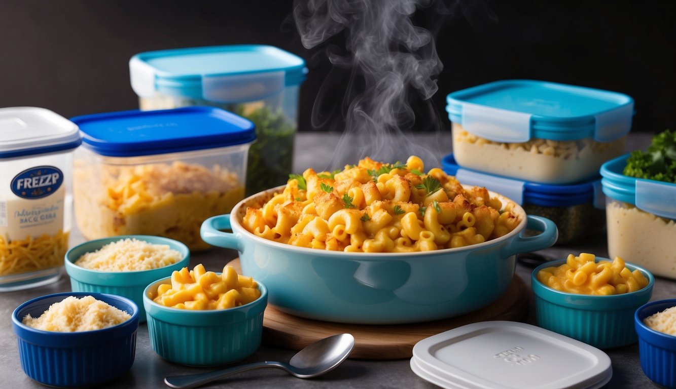 A steaming dish of baked mac and cheese surrounded by various freezer-friendly ingredients and containers for effortless meal prep