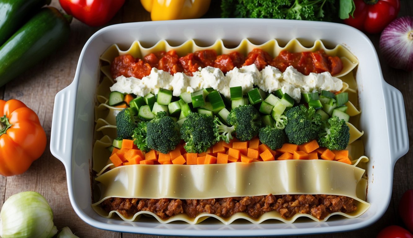 A colorful array of fresh vegetables layered between sheets of lasagna noodles in a baking dish, ready to be covered with sauce and cheese