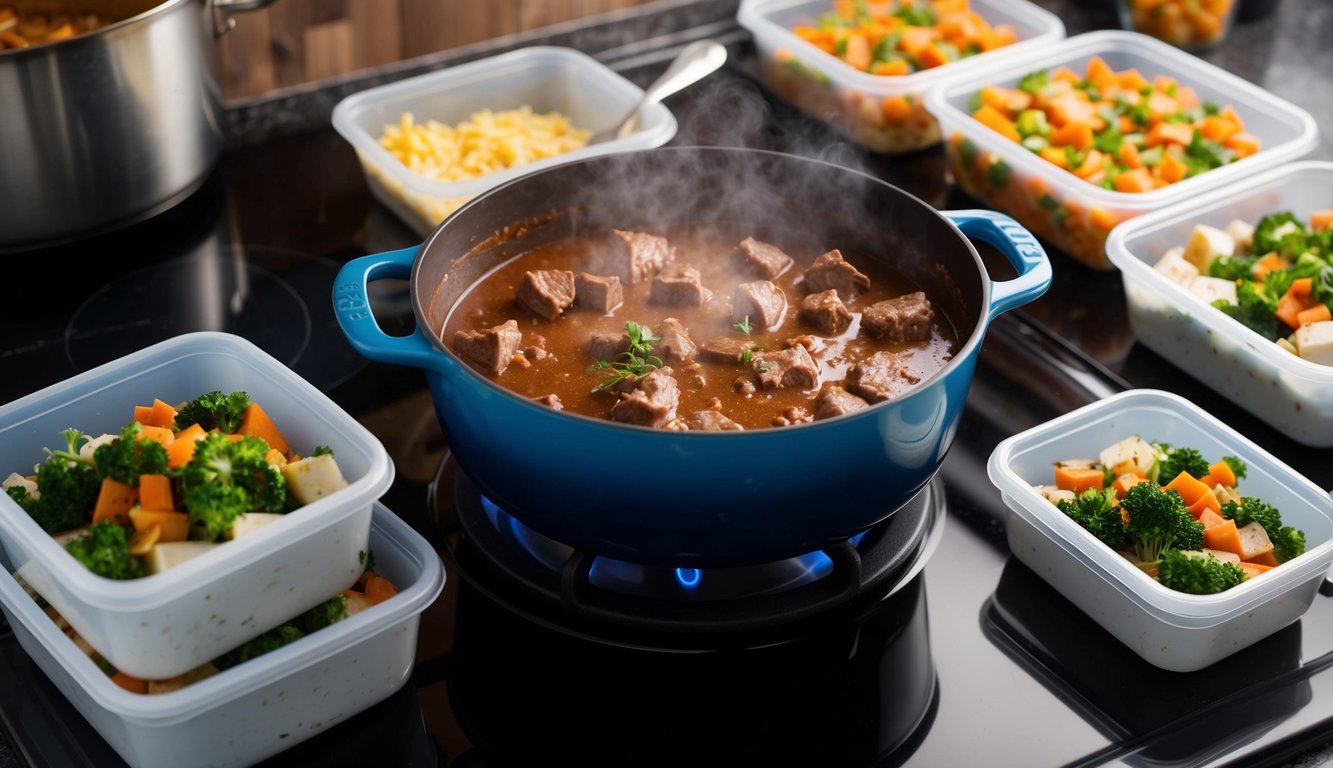 A pot of beef stroganoff simmering on a stove, surrounded by containers of prepped freezer-friendly meals