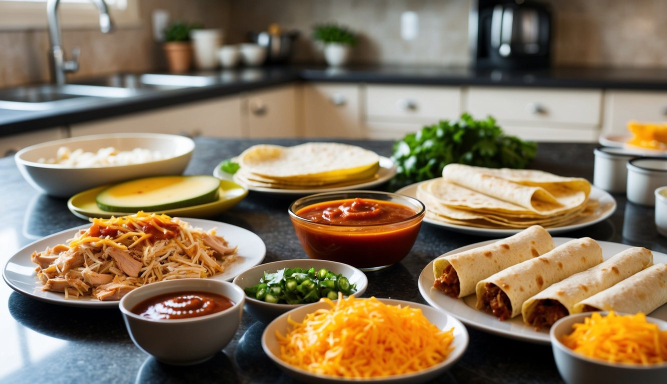 A kitchen counter with a variety of prepped ingredients, including shredded chicken, tortillas, cheese, and enchilada sauce, ready to assemble into chicken enchiladas
