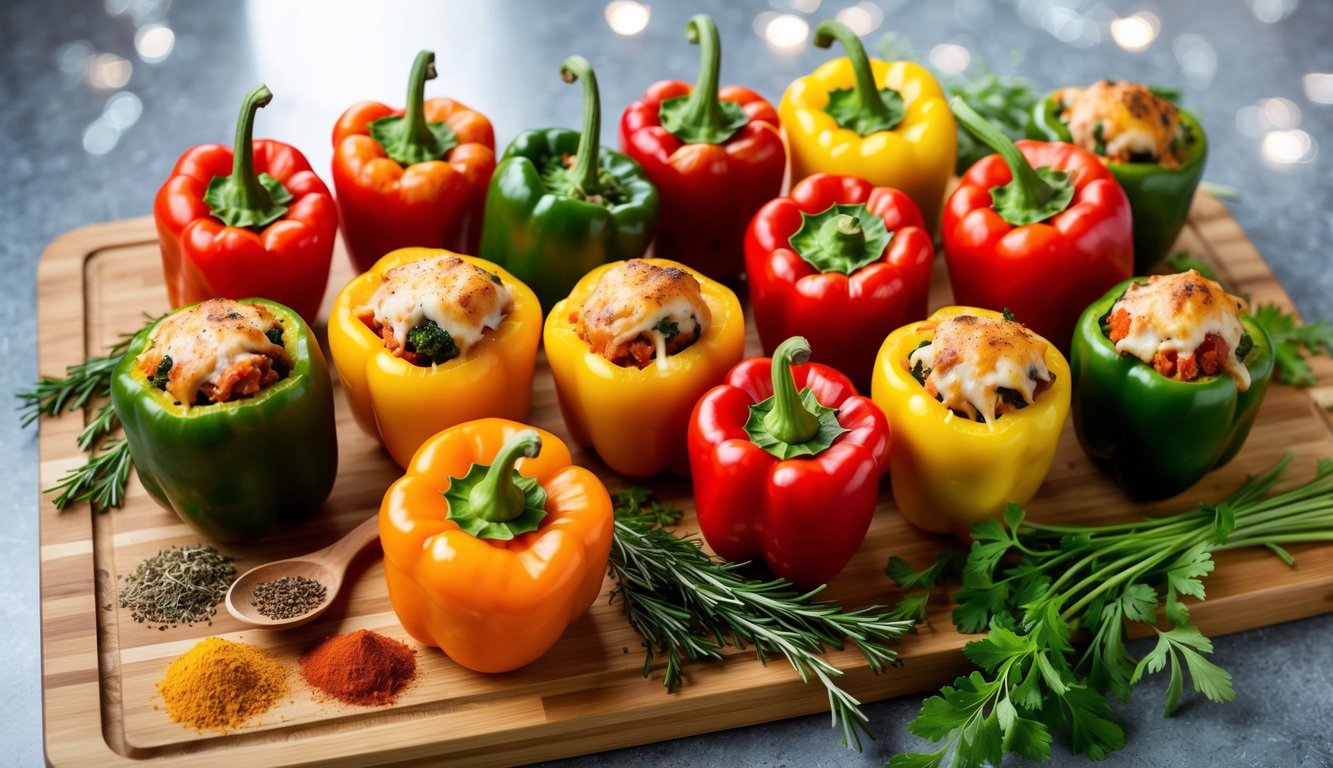 A colorful array of stuffed bell peppers arranged on a wooden cutting board, surrounded by fresh herbs and spices