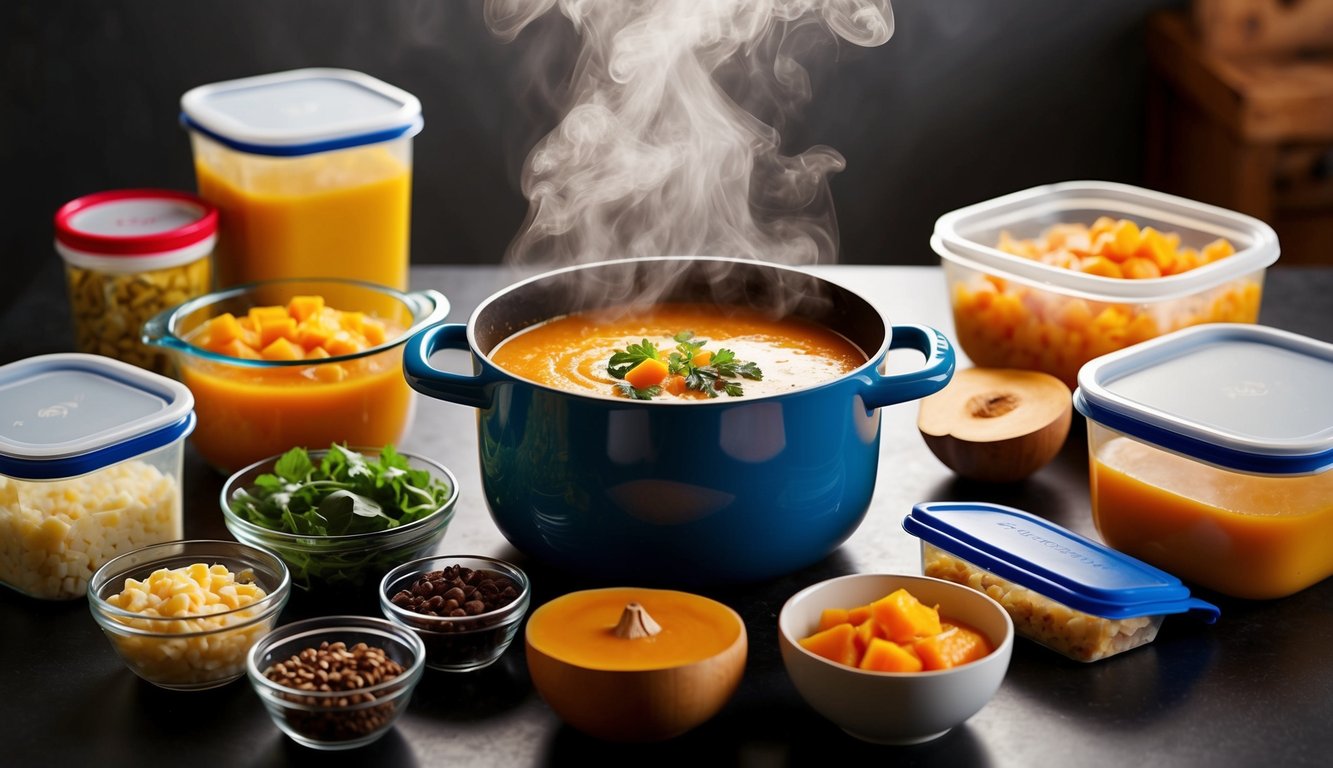 A steaming pot of butternut squash soup surrounded by various freezer-friendly ingredients and containers, ready for effortless meal prep