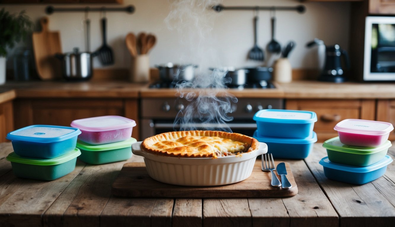 A cozy kitchen with a steaming Shepherd's Pie sitting on a rustic wooden table, surrounded by assorted frozen meal prep containers