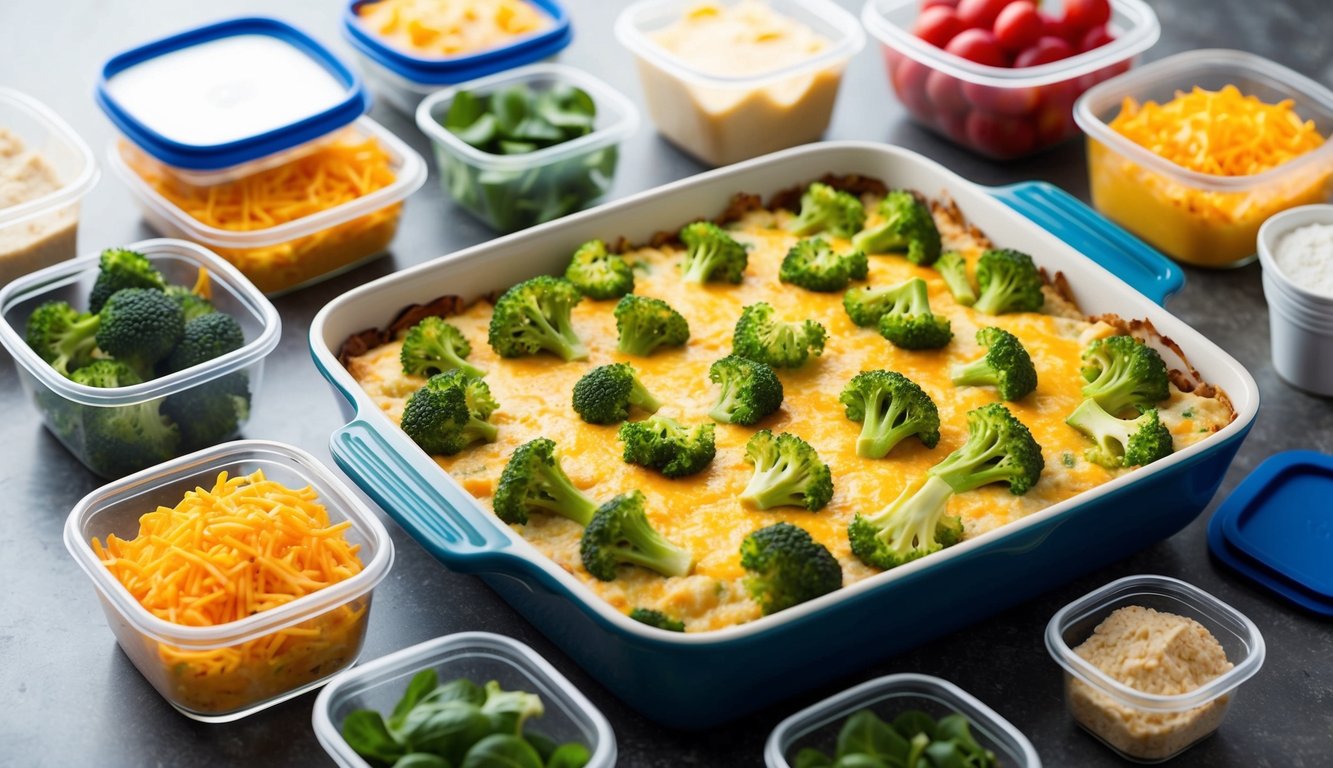 A baking dish filled with broccoli cheese casserole surrounded by various freezer-friendly ingredients and containers for effortless meal prep