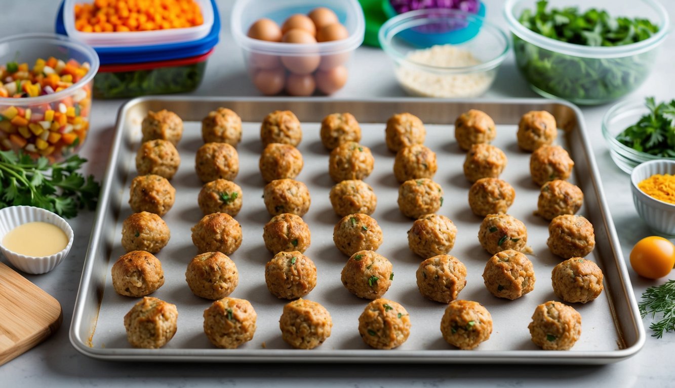 A batch of turkey meatballs arranged on a baking sheet, surrounded by various freezer-friendly meal prep containers and ingredients