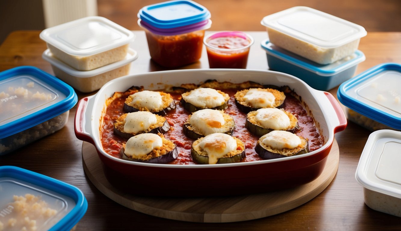 A baking dish filled with layers of breaded eggplant, marinara sauce, and melted cheese, sitting on a wooden table surrounded by various frozen meal prep containers