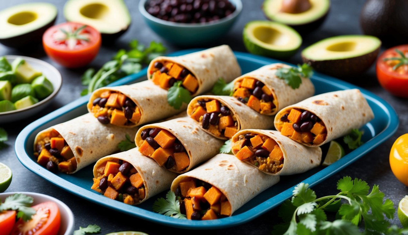 A colorful array of sweet potato black bean burritos arranged on a tray, surrounded by fresh ingredients like avocados, tomatoes, and cilantro