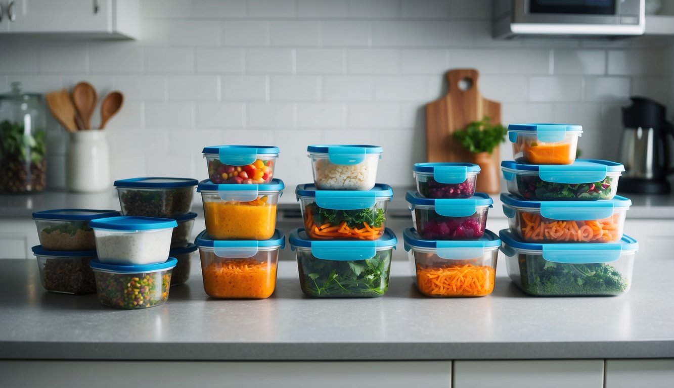 A kitchen counter with an assortment of pre-prepped meals in airtight containers ready to be placed in the freezer