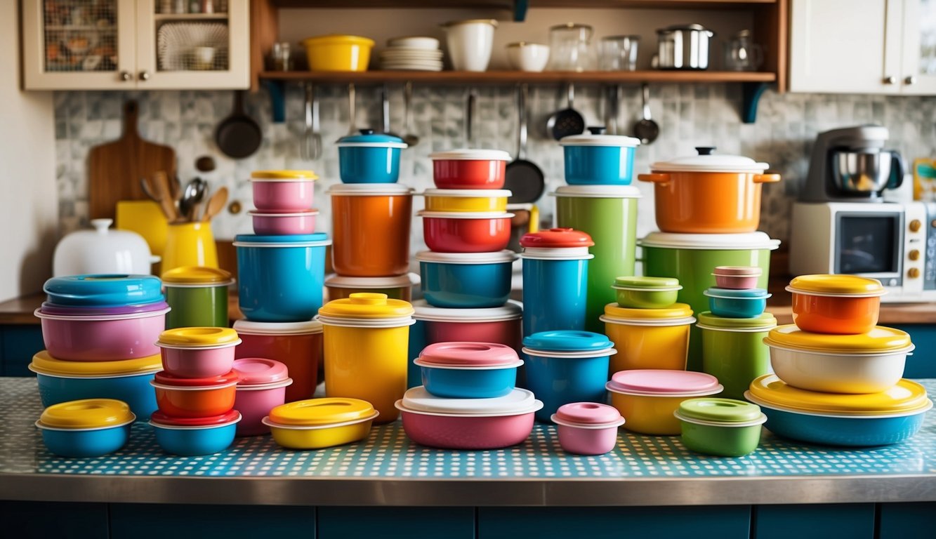 A colorful array of vintage Tupperware sets arranged on a retro kitchen counter, surrounded by classic kitchen appliances and decor