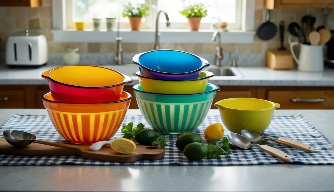 Three colorful Pyrex mixing bowls arranged on a kitchen counter, surrounded by vintage kitchen utensils and a checkered tablecloth