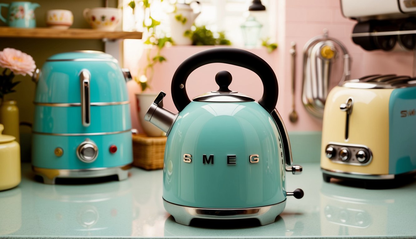 A Smeg Mini Kettle sits on a pastel-colored countertop surrounded by vintage-inspired appliances and decor, creating a retro kitchen aesthetic