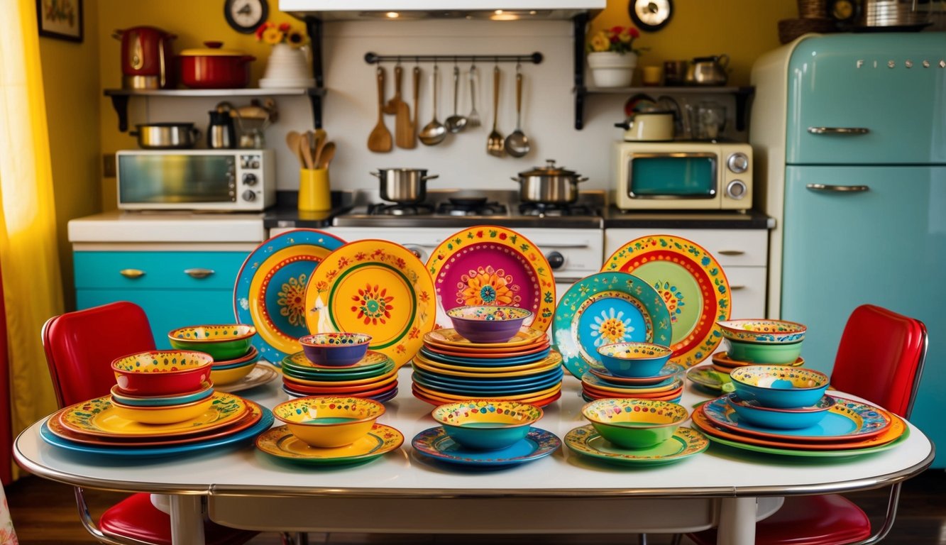 A colorful array of Fiesta dinnerware arranged on a retro kitchen table, surrounded by vintage kitchen appliances and decor