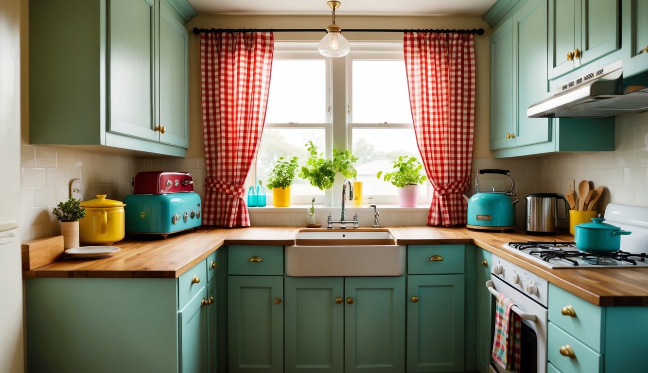 A cozy kitchen with gingham checkered curtains, vintage appliances, and colorful accents for a retro aesthetic