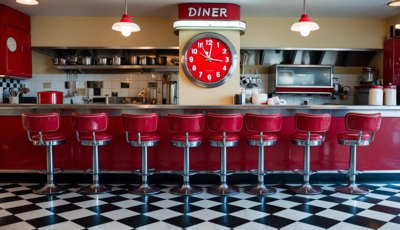 A retro diner wall clock hangs above a checkered floor and red vinyl bar stools in a vintage kitchen