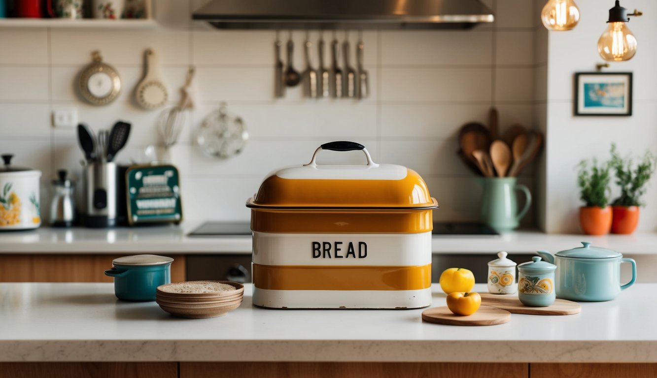A vintage enamel bread bin sits on a kitchen counter surrounded by retro-inspired accessories and decor