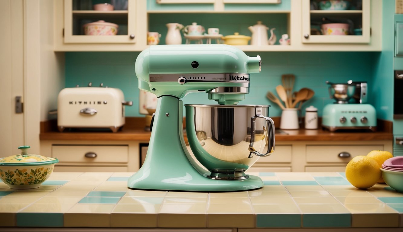 A pastel KitchenAid mixer sits on a retro kitchen counter, surrounded by vintage-inspired appliances and decor, creating a nostalgic aesthetic