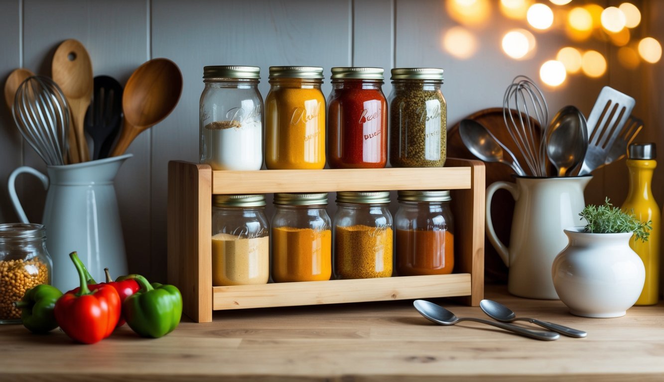 A wooden shelf holding mason jars filled with colorful spices, surrounded by vintage kitchen utensils and retro decor