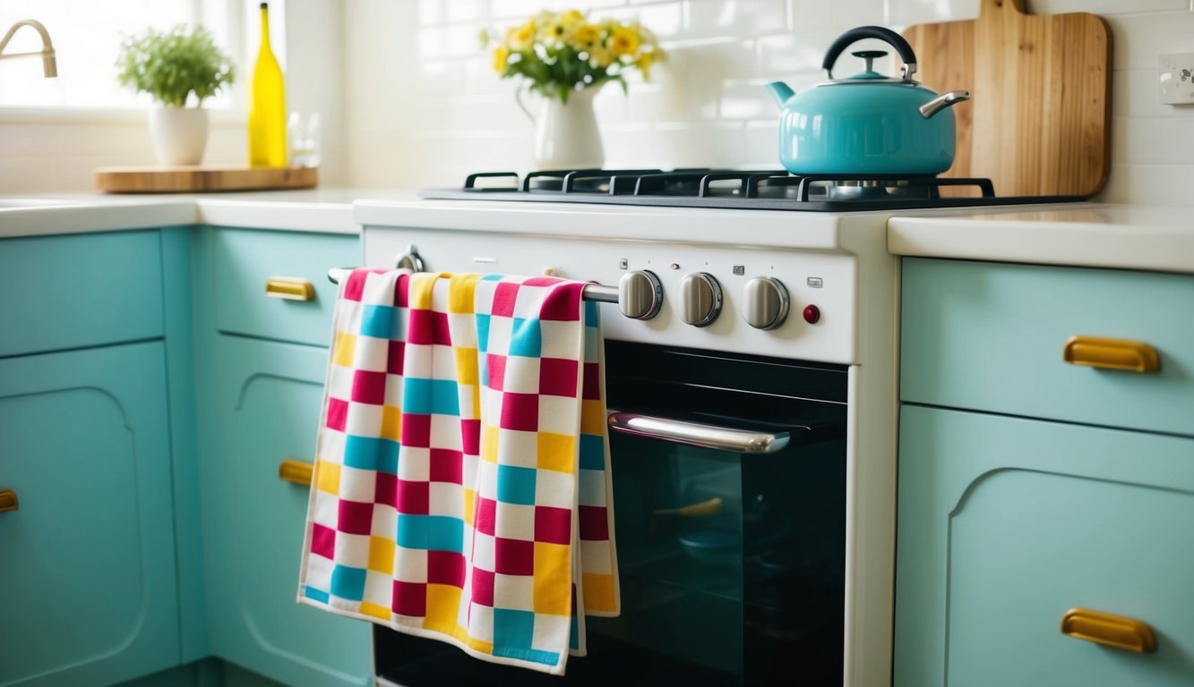 A retro kitchen scene with checkerboard tea towels hanging on a vintage oven handle. Bright colors and clean lines create a nostalgic aesthetic