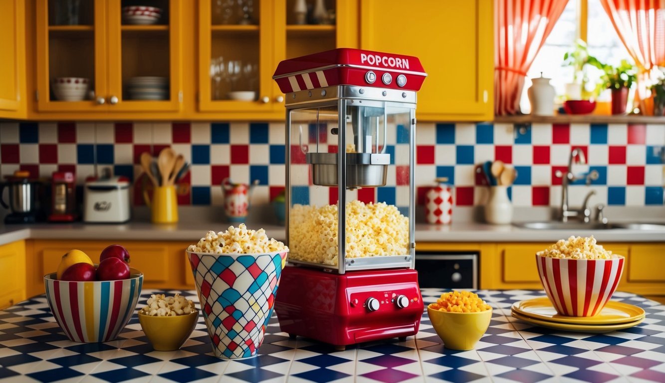 A retro popcorn maker sits on a checkered countertop surrounded by vintage kitchen decor. Bright colors and bold patterns complete the retro aesthetic