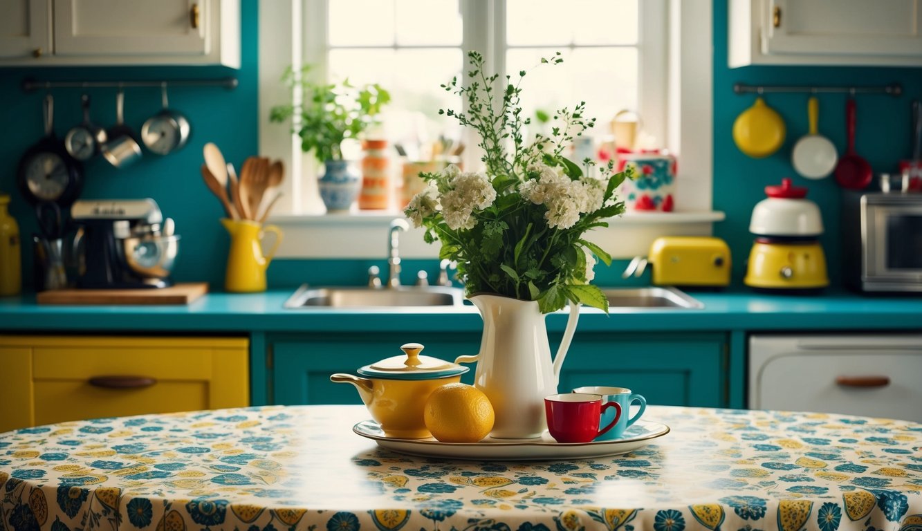 A vintage kitchen table with a patterned oilcloth tablecloth, surrounded by retro kitchen decor and accessories