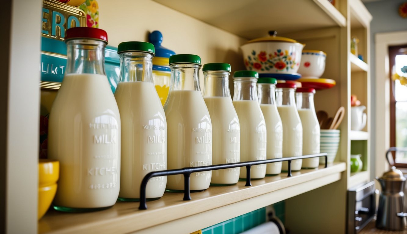 A vintage kitchen shelf with a row of glass milk bottles, surrounded by retro kitchen decor and colorful accents