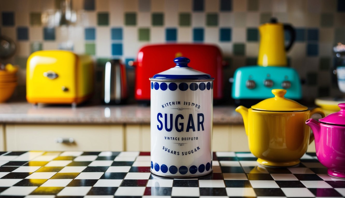 A vintage-inspired sugar canister sits on a checkered countertop, surrounded by retro kitchen accessories and colorful appliances