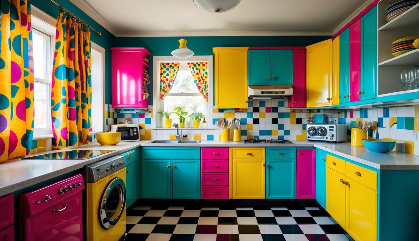 A vibrant kitchen with bold colors and retro patterns on curtains, dishes, and appliances. Checkerboard flooring and a vinyl record player complete the nostalgic aesthetic