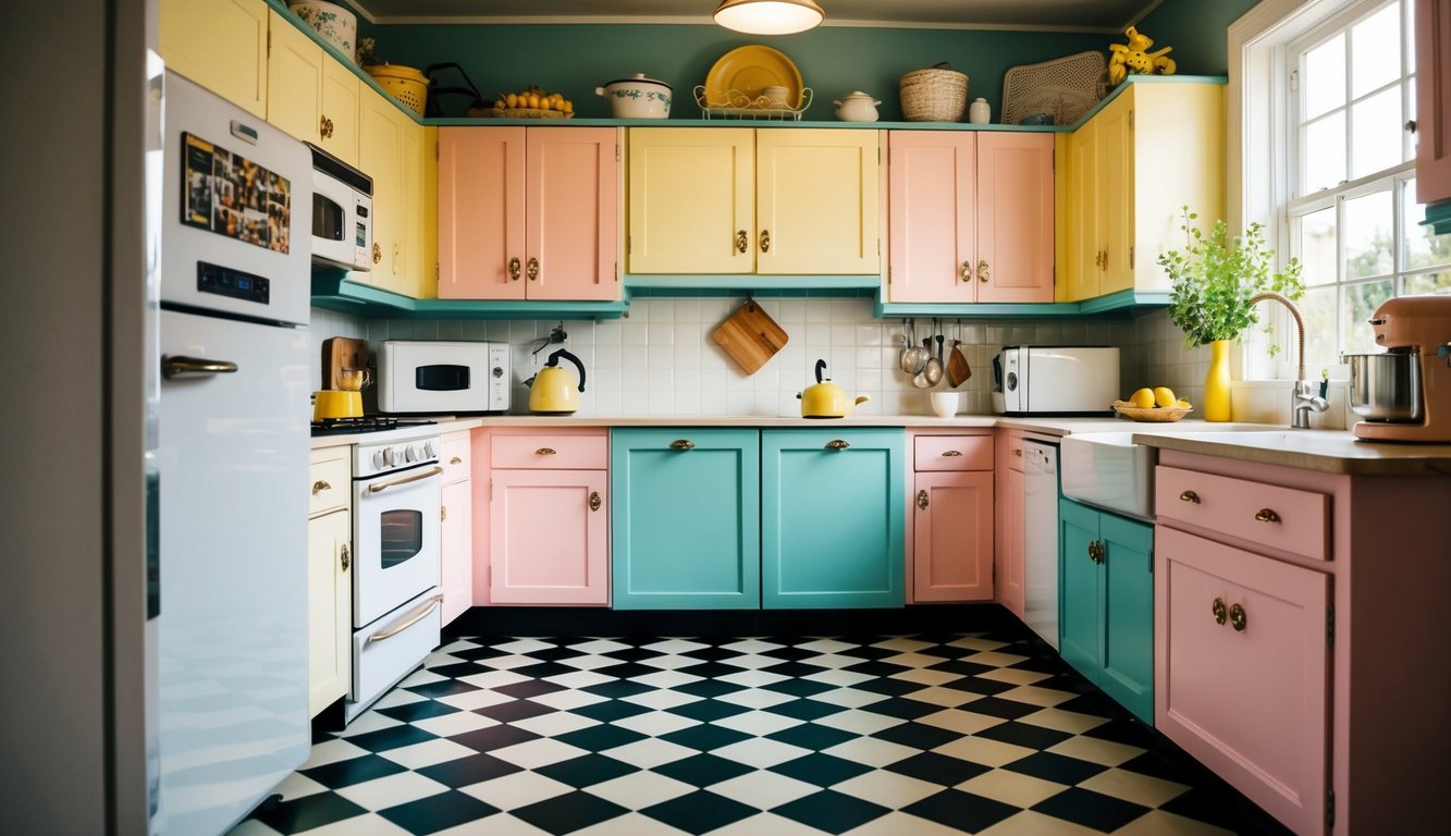 A cozy kitchen with vintage appliances, checkered flooring, pastel-colored cabinets, and retro-inspired decor