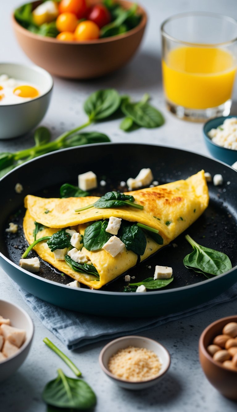 A sizzling omelette filled with spinach and feta, surrounded by a variety of high-protein breakfast ingredients